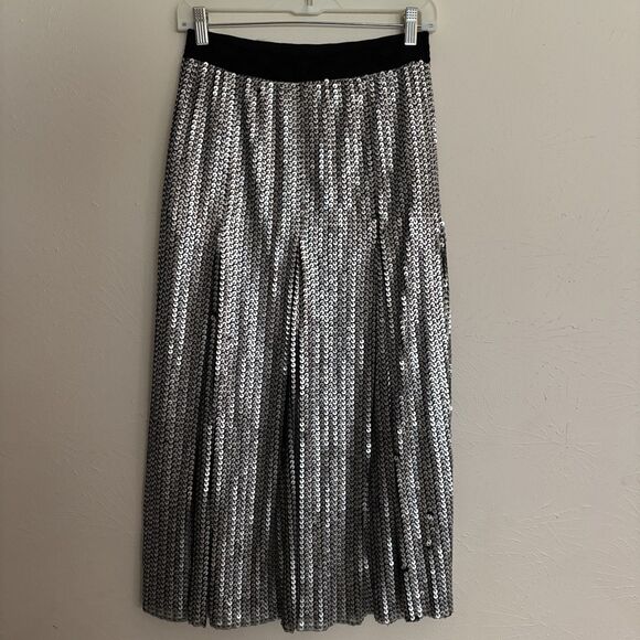 Maje Women's 2 Medium Maxi A Line Skirt Full Sequin Silver Elastic Waist - Picture 1 of 8